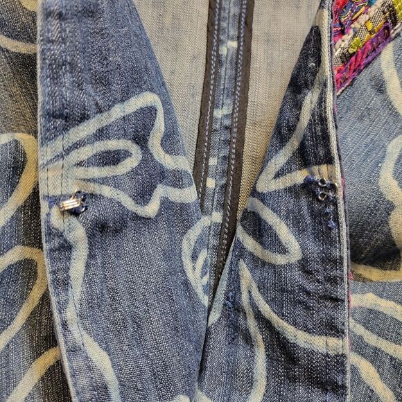 Chico's Blue Jean Denim Jacket with Multicolor Trim Bleached Floral Pattern - Picture 9 of 12